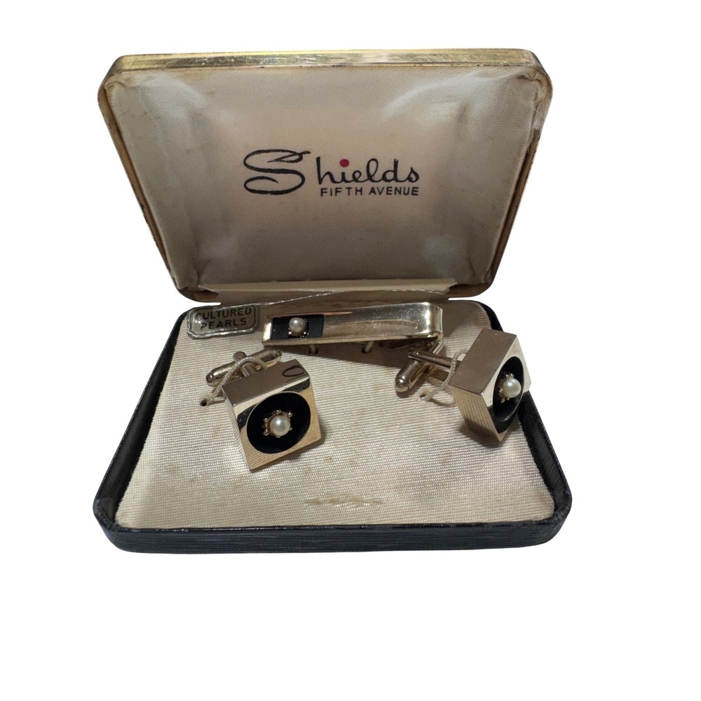 Vintage Shields Fifth Avenue Cufflinks Tie Bar Set Cultured‎ Pearls Rare